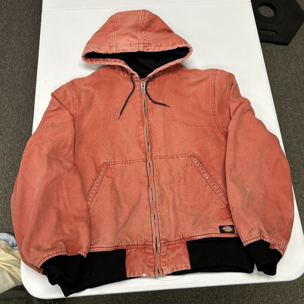 Dickies Hooded Canvas Jacket Mens L pinkish orange Faded Workwear Thermal Lined